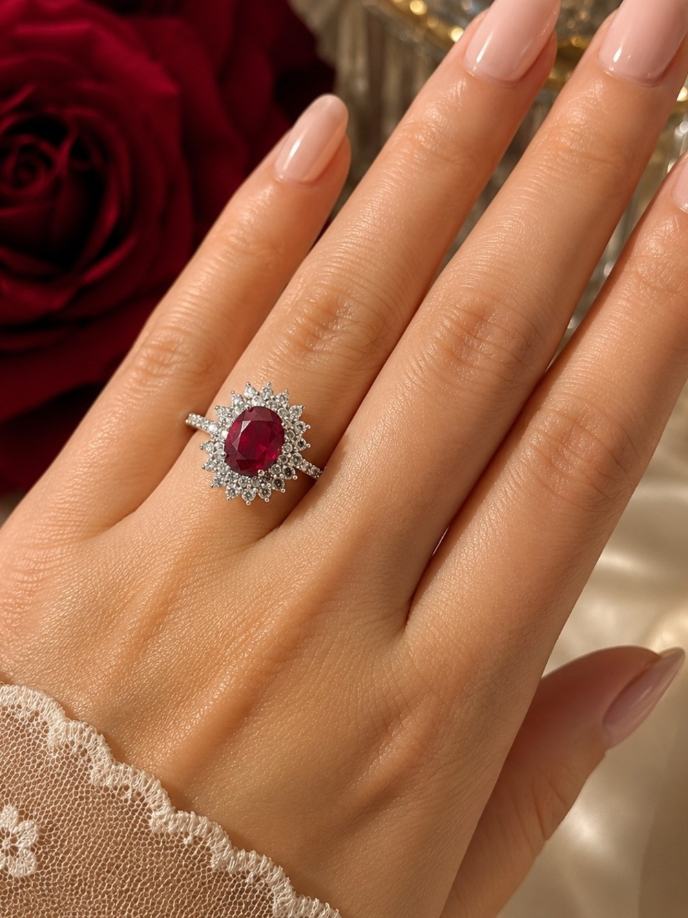 STUNNING RUBY-RED MOISSANITE HALO RING